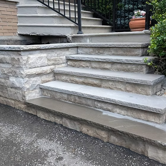 Front Steps & Flagstone Landing project in Toronto — New custom stone front steps and flagstone landing built at a Toronto home entrance