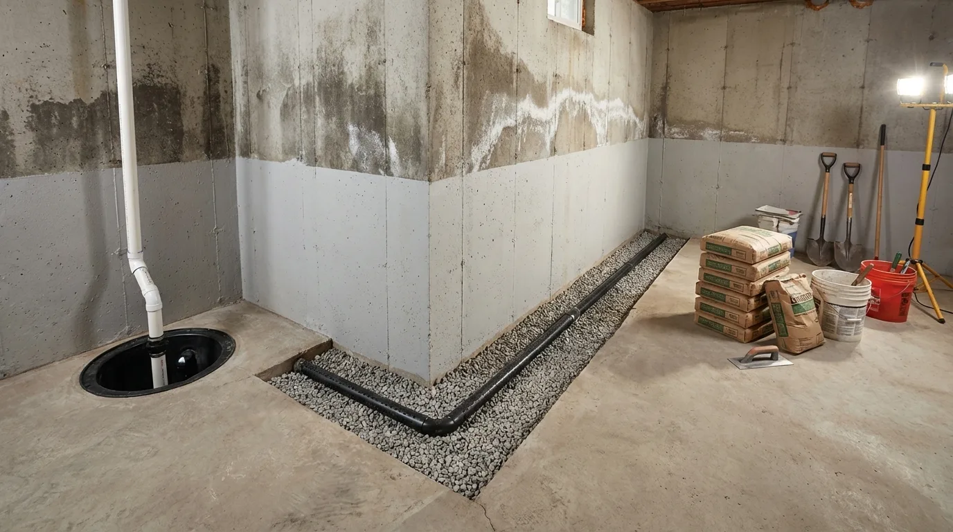 Interior Waterproofing project in Toronto — Interior basement perimeter drainage trench with new pipe in clear stone and a sump pit installed