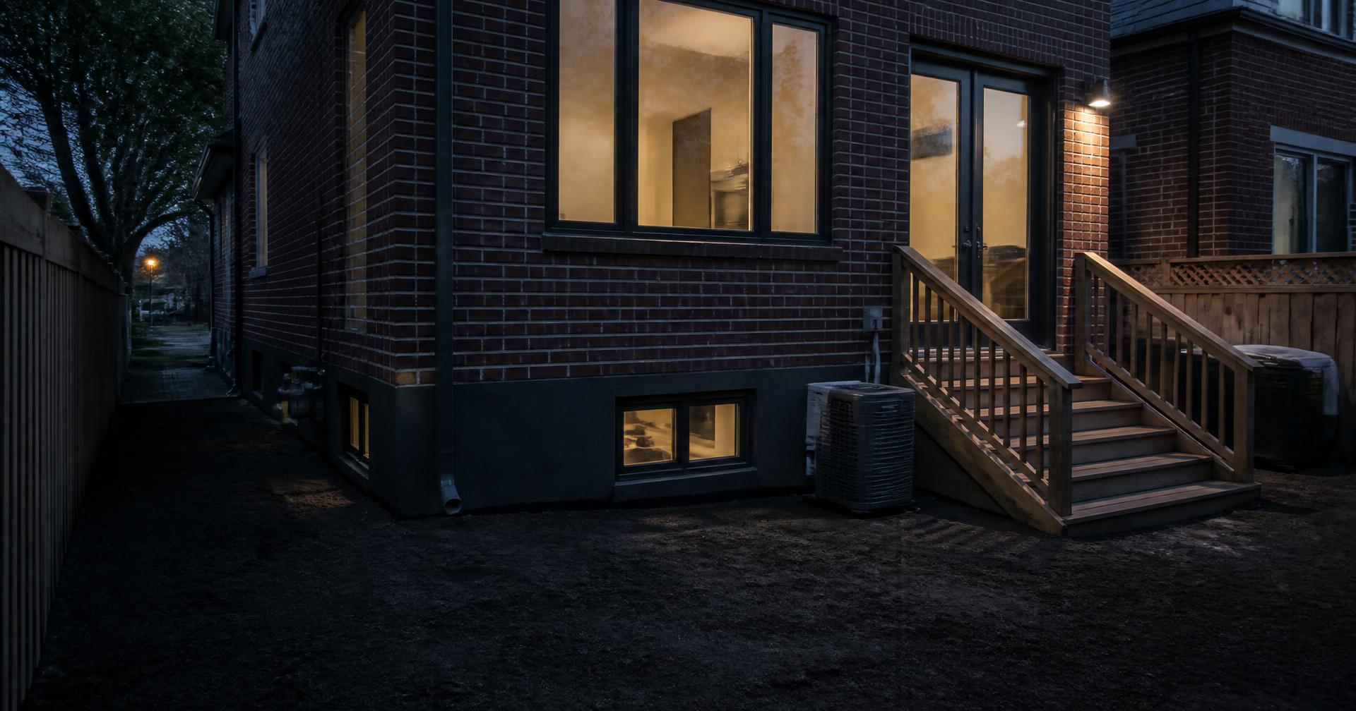Completed foundation waterproofing project at a Toronto home at dusk